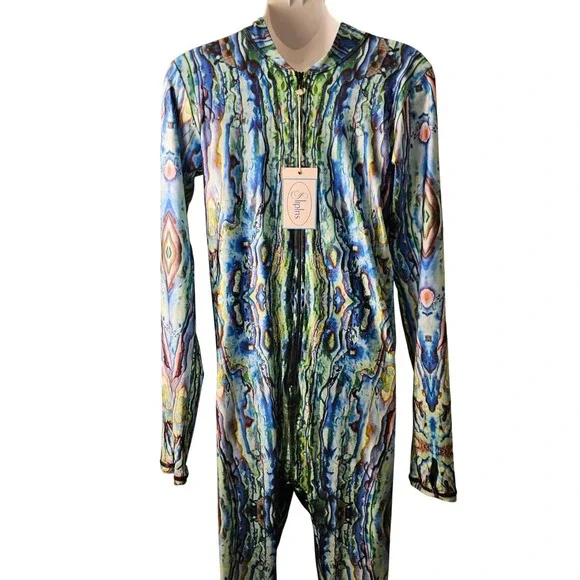 Slippins Long Sleeve Skinsuit Women OS Multi Color NWT Abstract Zip up - Picture 5 of 6